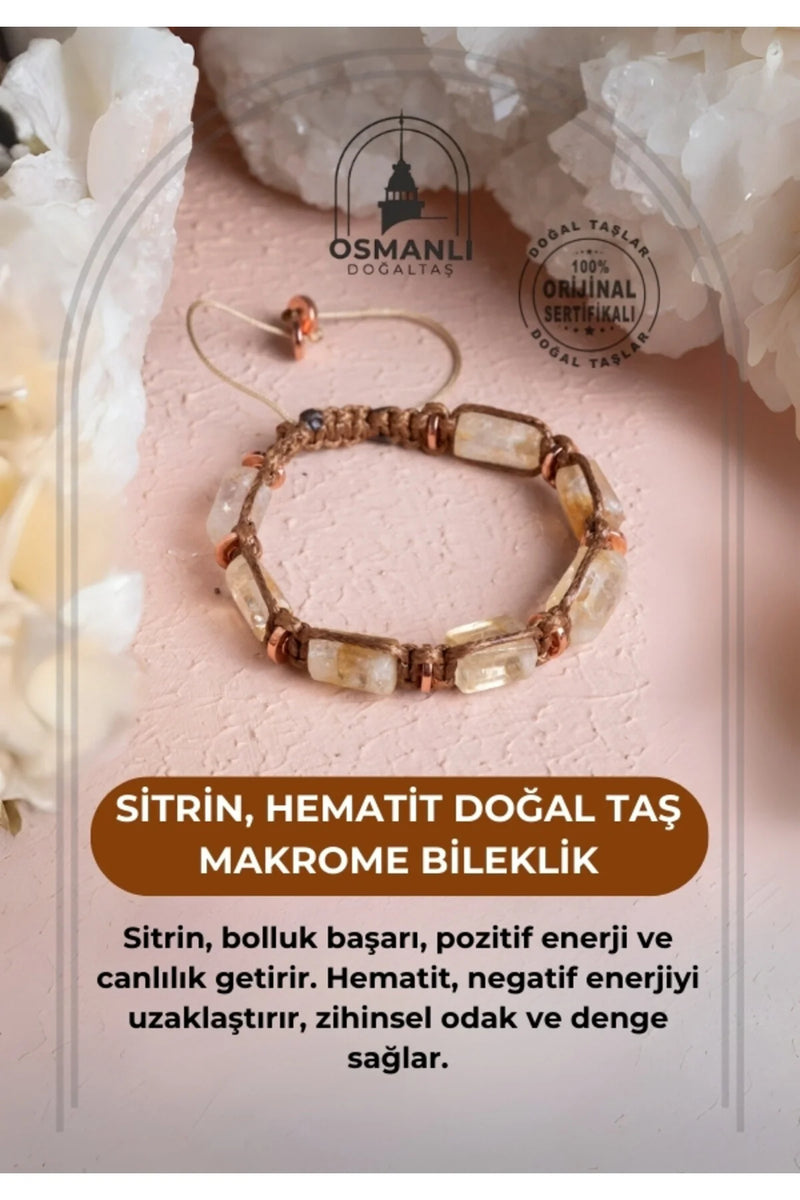 Sertifikalı Sitrin, Hematit Doğal Taş Makrome Bileklik