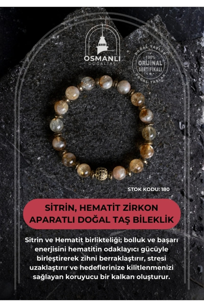 Sertifikalı Sitrin, Hematit Zirkon Aparatlı Doğal Taş Bileklik (SK:180)