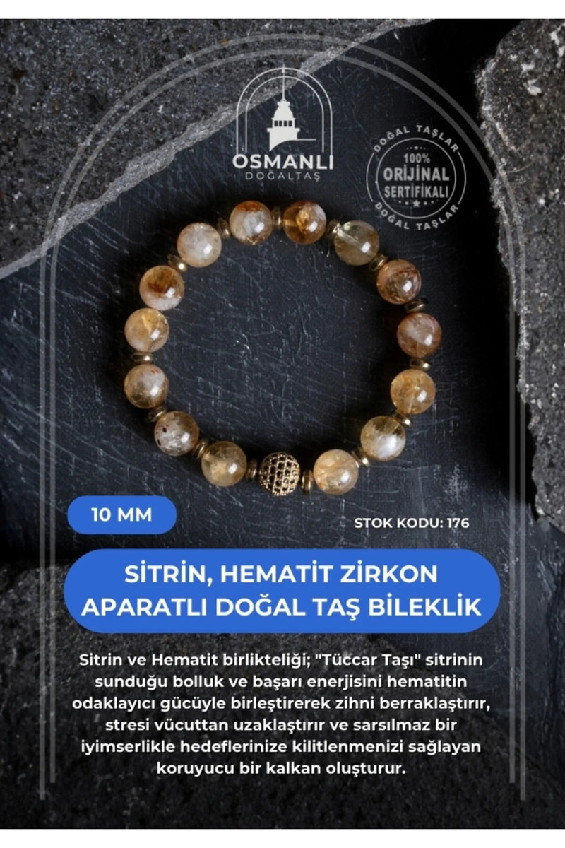 Sertifikalı Sitrin, Hematit Zirkon Aparatlı Doğal Taş Bileklik-10 mm (SK:176)