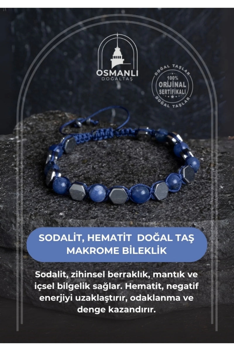 Sertifikalı Sodalit, Hematit Doğal Taş Makrome Bileklik