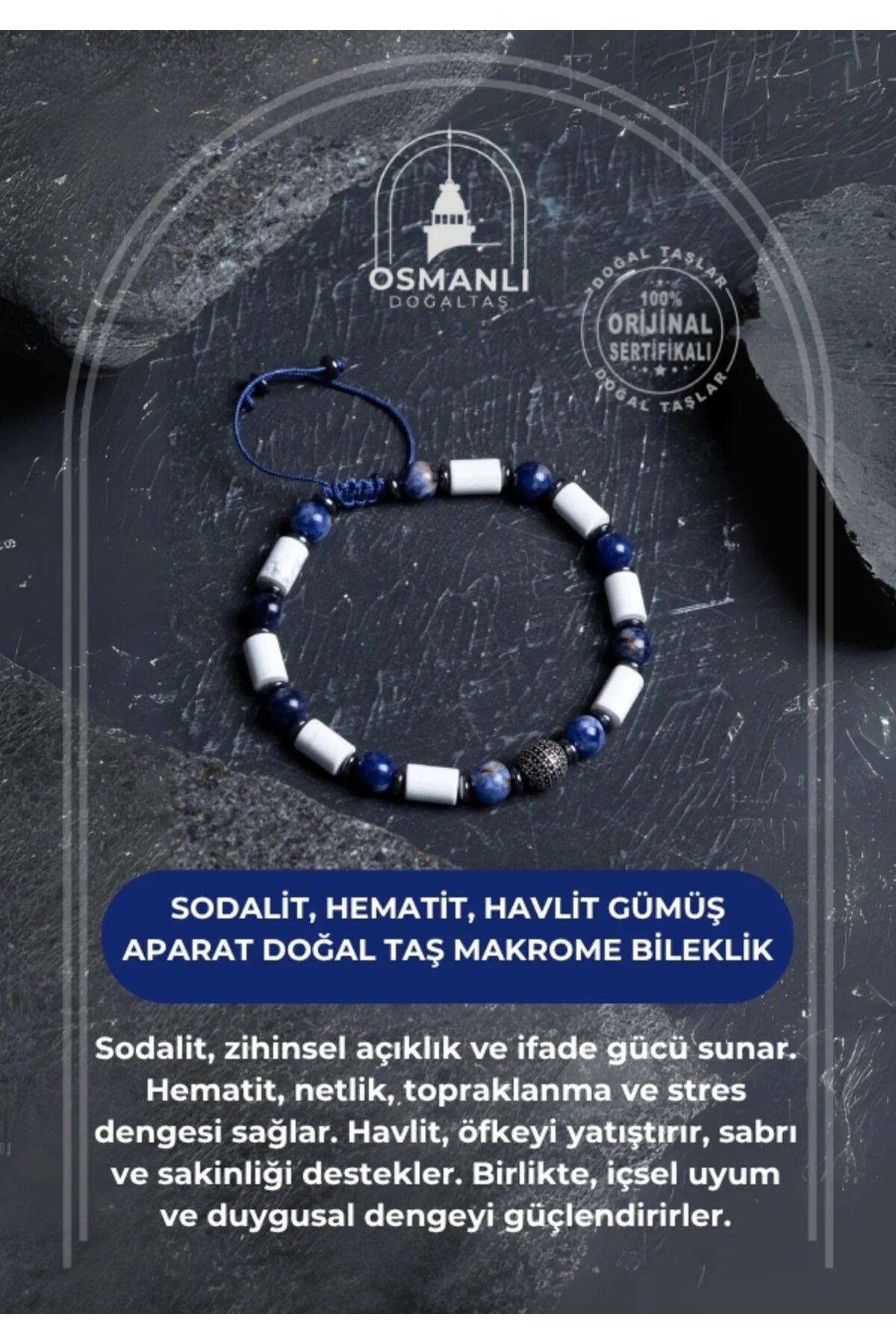 Sertifikalı Sodalit, Hematit, Havlit Gümüş Aparat  Doğal Taş Makrome Bileklik