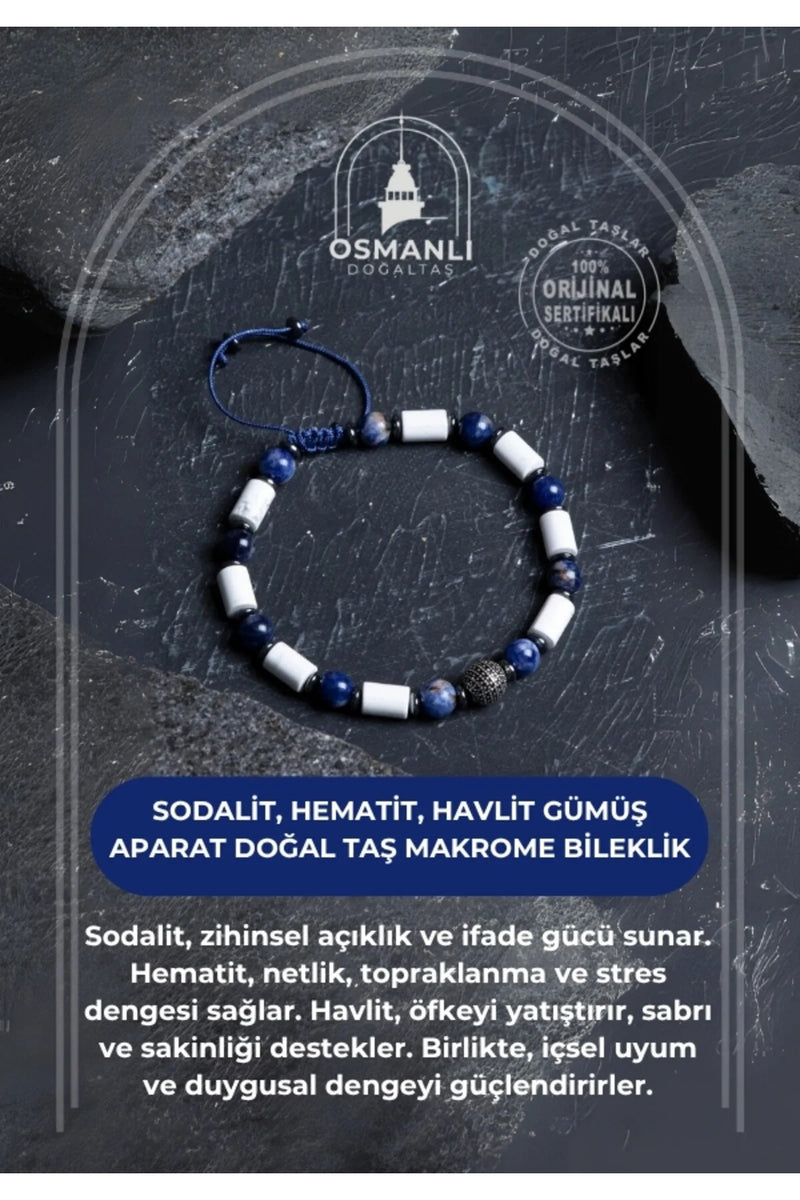 Sertifikalı Sodalit, Hematit, Havlit Gümüş Aparat  Doğal Taş Makrome Bileklik