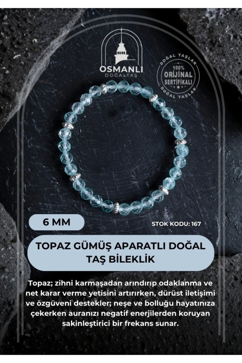 Sertifikalı Topaz Gümüş Aparatlı Doğal Taş Bileklik- 6mm (SK:167)