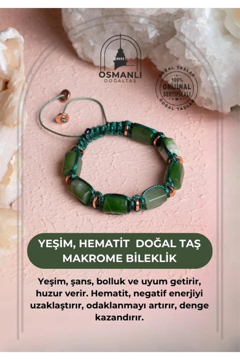 Sertifikalı Yeşim, Hematit Doğal Taş Makrome Bileklik