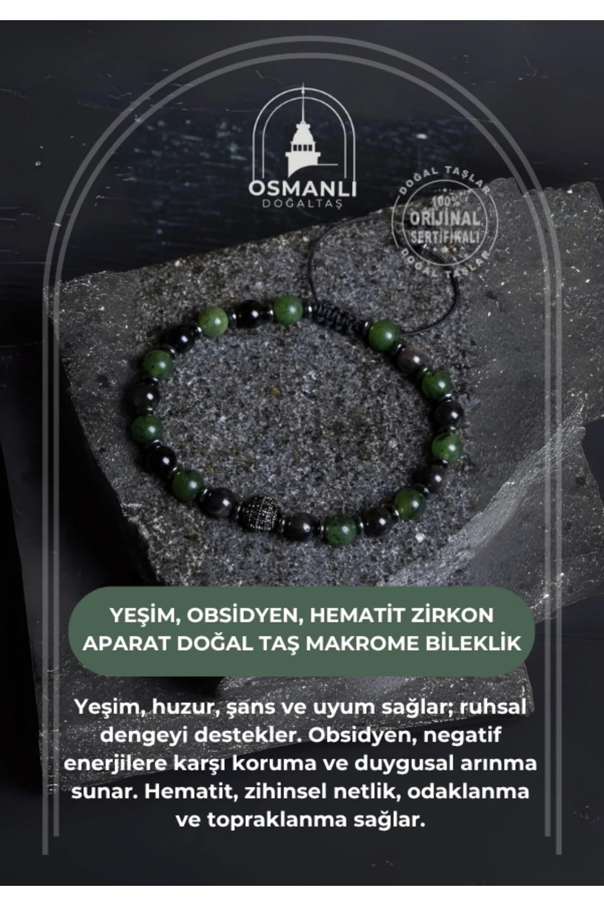 Sertifikalı Yeşim, Obsidyen, Hematit Zirkon Aparat  Doğal Taş Makrome Bileklik