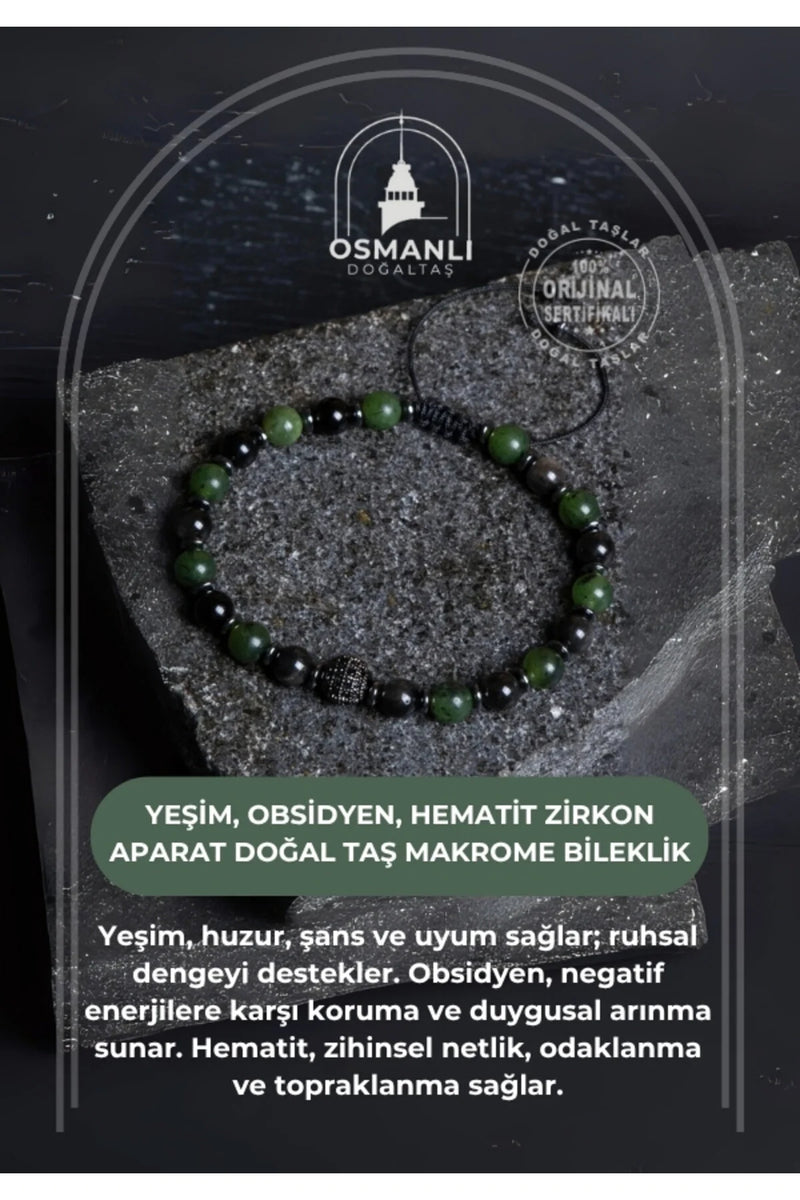 Sertifikalı Yeşim, Obsidyen, Hematit Zirkon Aparat  Doğal Taş Makrome Bileklik