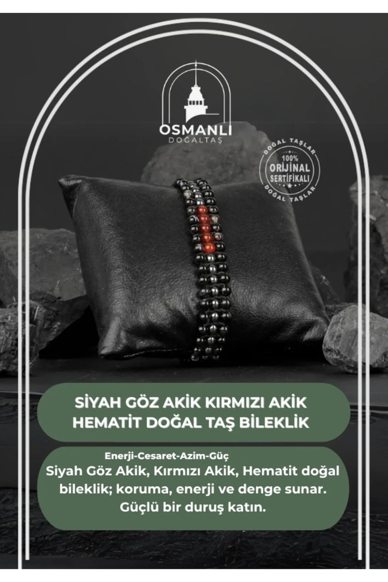 Siyah Göz Akik-Kırmızı Akik-Hematit Doğal Taş Bileklik