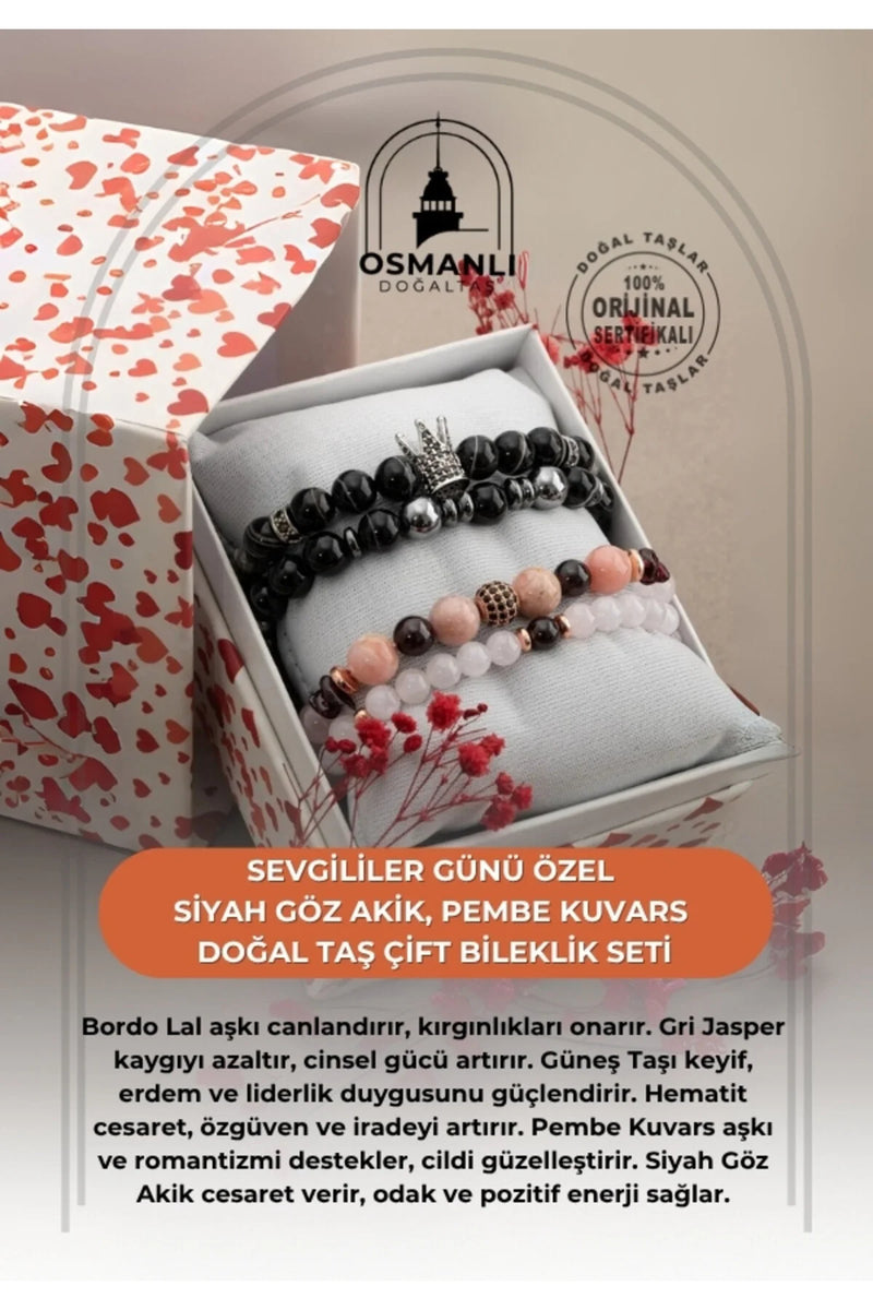 Siyah Göz Akik-Pembe Kuvars Doğal Taş Çift Bileklik Seti
