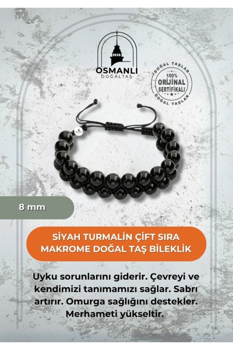 Siyah Turmalin 8mm Çift Sıra Makrome Doğal Taş Bileklik