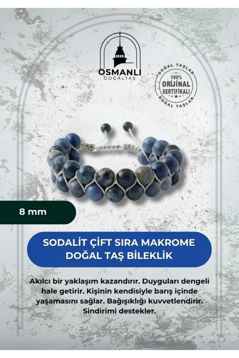 Sodalit 8mm Çift Sıra Makrome Doğal Taş Bileklik