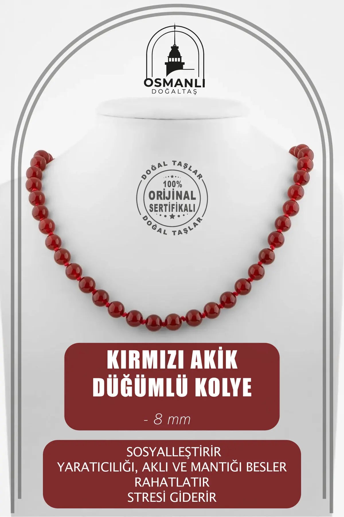 Kırmızı Akik 8 mm Düğümlü Doğal Taş Kolye
