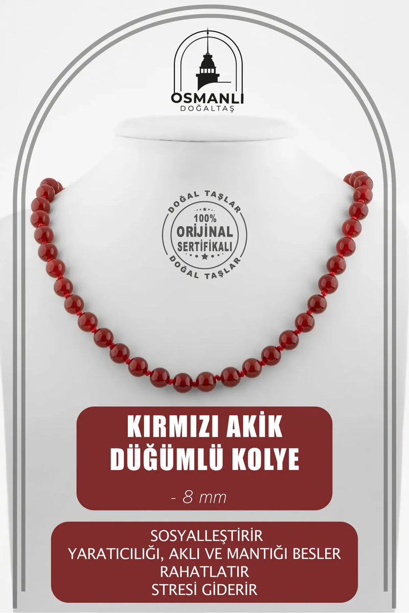 Kırmızı Akik 8 mm Düğümlü Doğal Taş Kolye