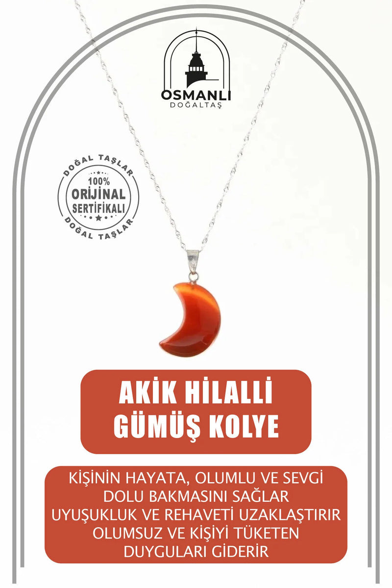 Akik Doğal Taş Hilalli Kolye, Gümüş Zincir