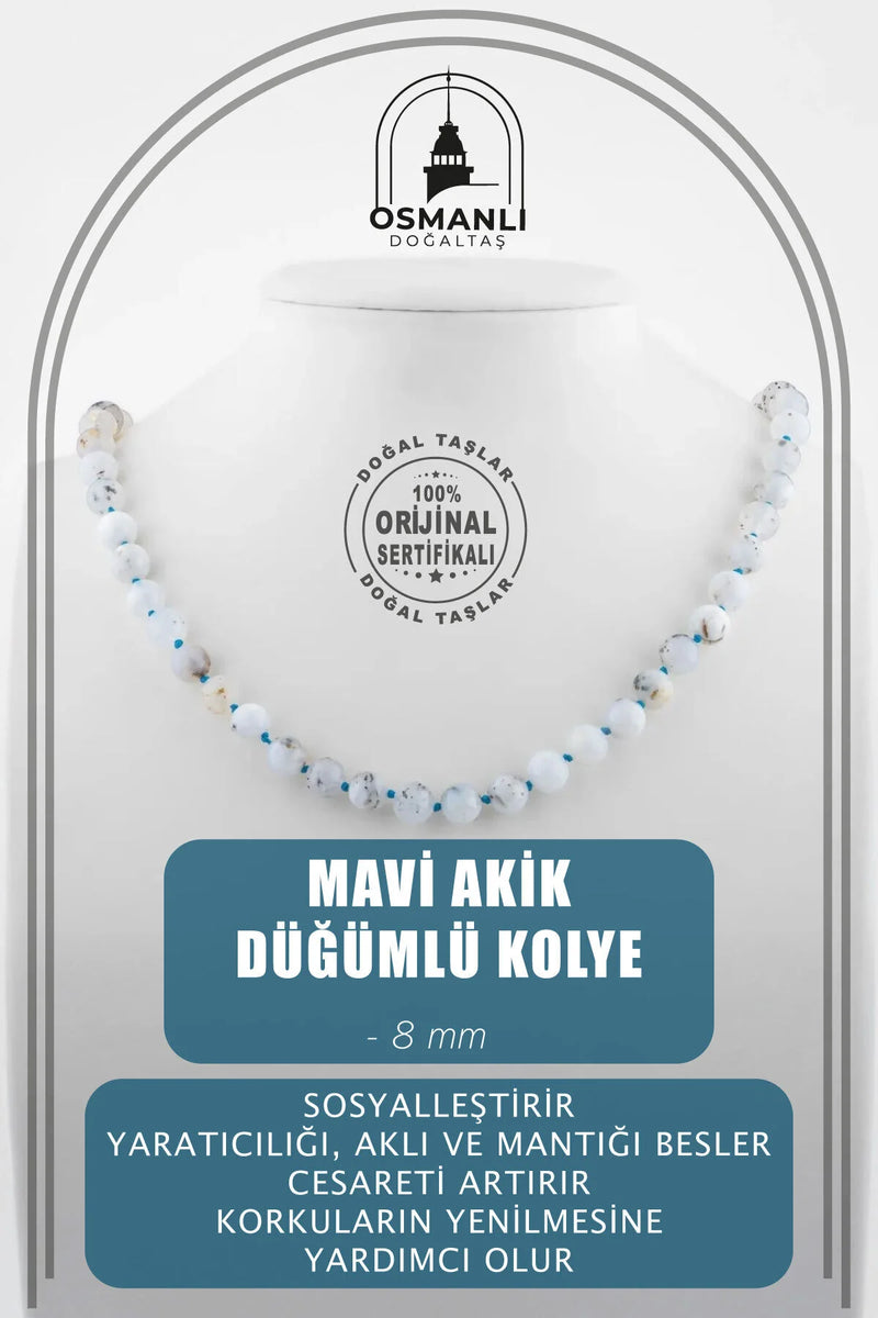Mavi Akik 8 mm Düğümlü Doğal Taş Kolye