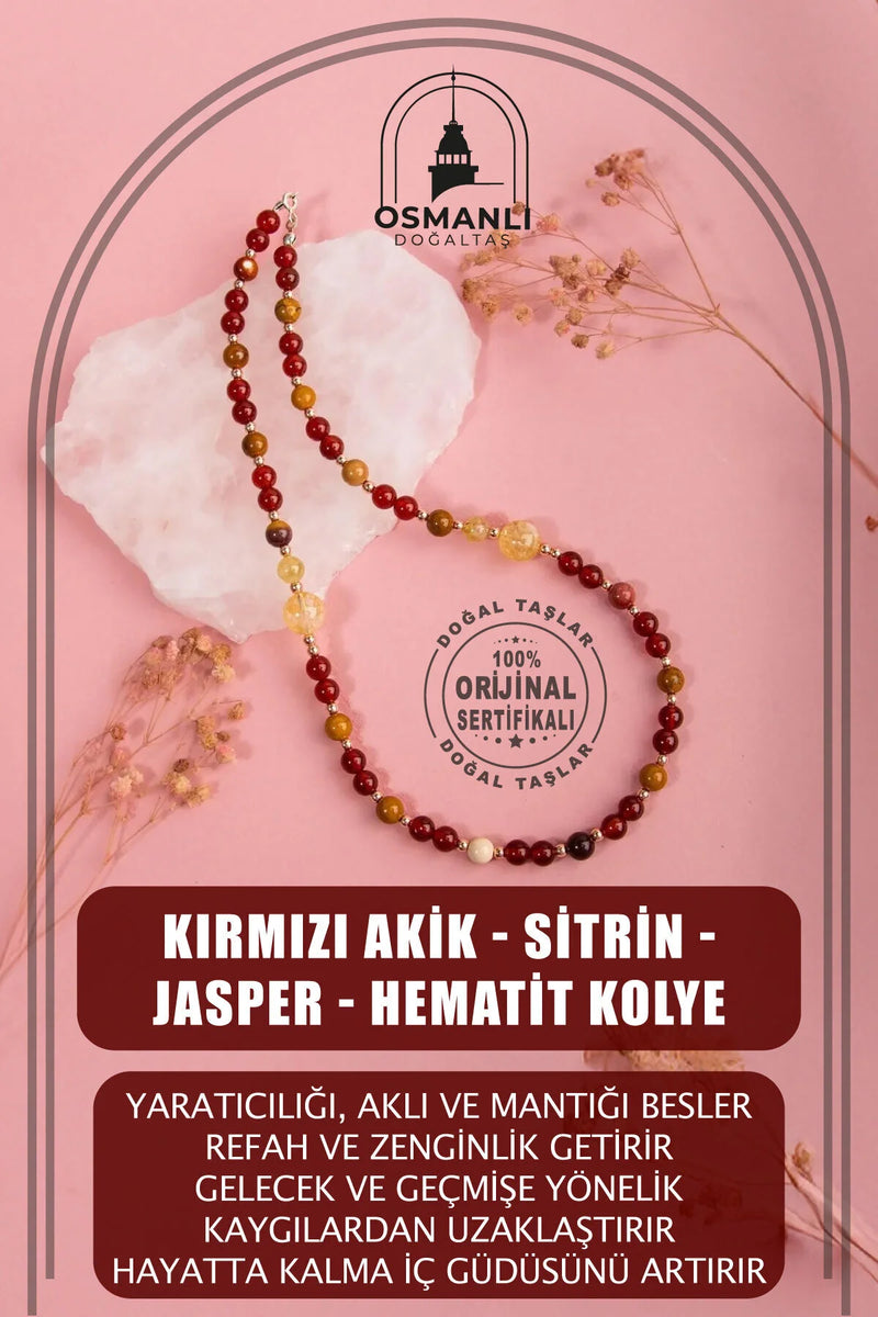 Kırmızı Akik-Sitrin-Jasper-Hematit Doğal Taş Gümüş Kolye