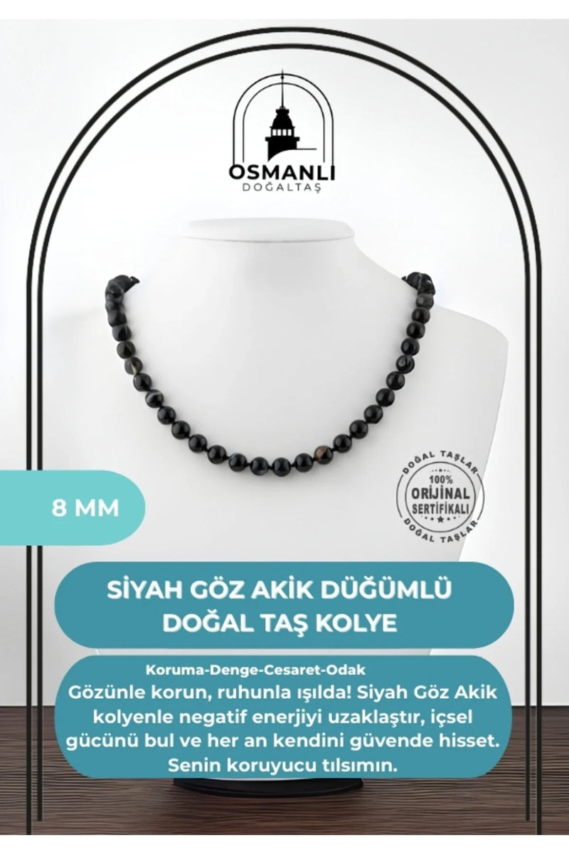 Siyah Göz Akik 8 mm Düğümlü Doğal Taş Kolye