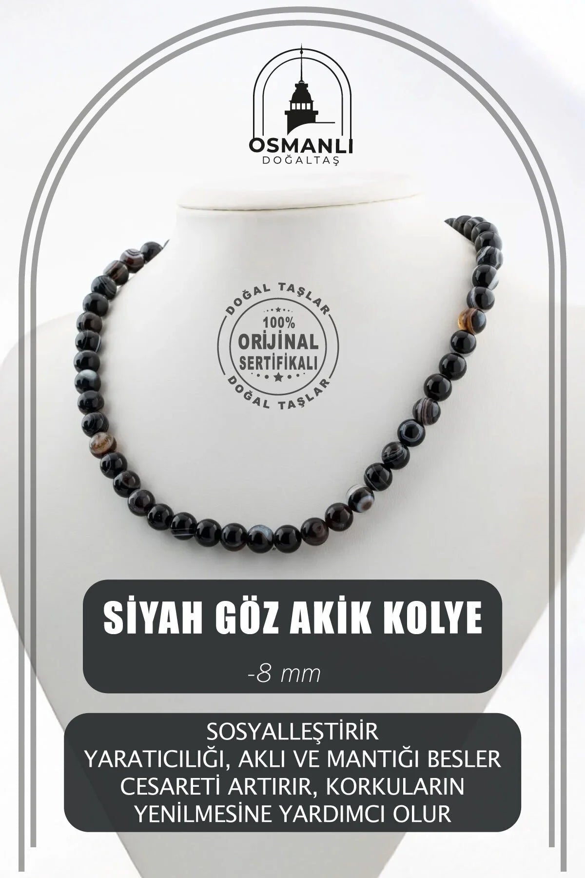 Siyah Göz Akik 8 mm Dizi Doğal Taş Kolye