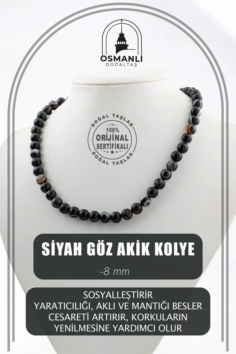 Siyah Göz Akik 8 mm Dizi Doğal Taş Kolye