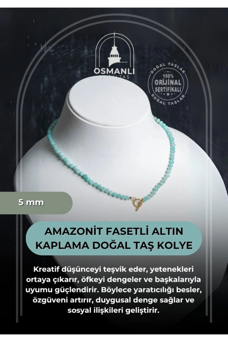 Sertifikalı Amazonit  Fasetli Altın Kaplama Doğal Taş Kolye