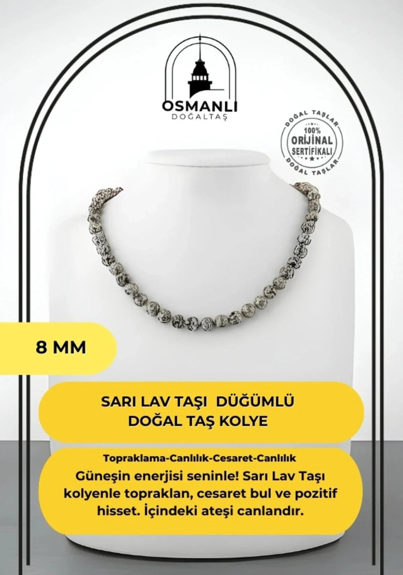 Sarı Lav Taşı 8 mm Düğümlü Doğal Taş Kolye