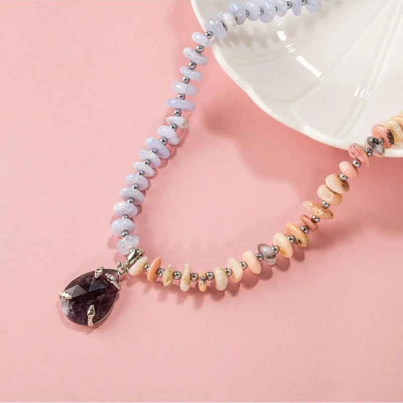 Pembe Opal-Mavi Akik-Hematit-Ametist Doğal Taş Kolye