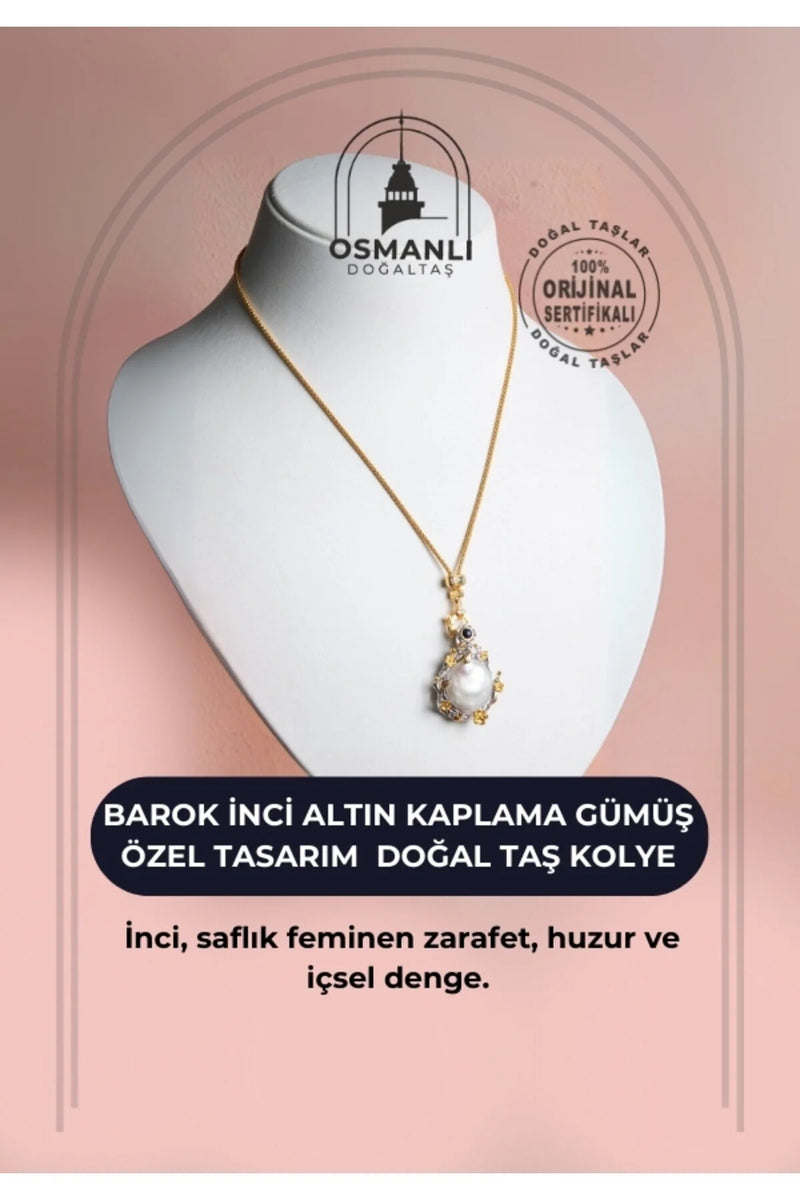 Sertifikalı Barok İnci Altın Kaplama Gümüş Özel Tasarım Doğal Taş Kolye
