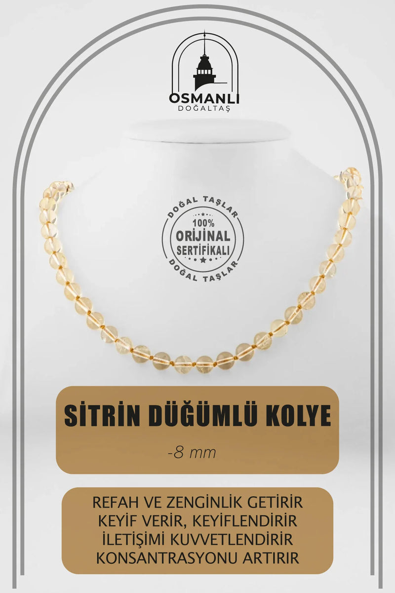 Sitrin 8 mm Düğümlü Doğal Taş Kolye