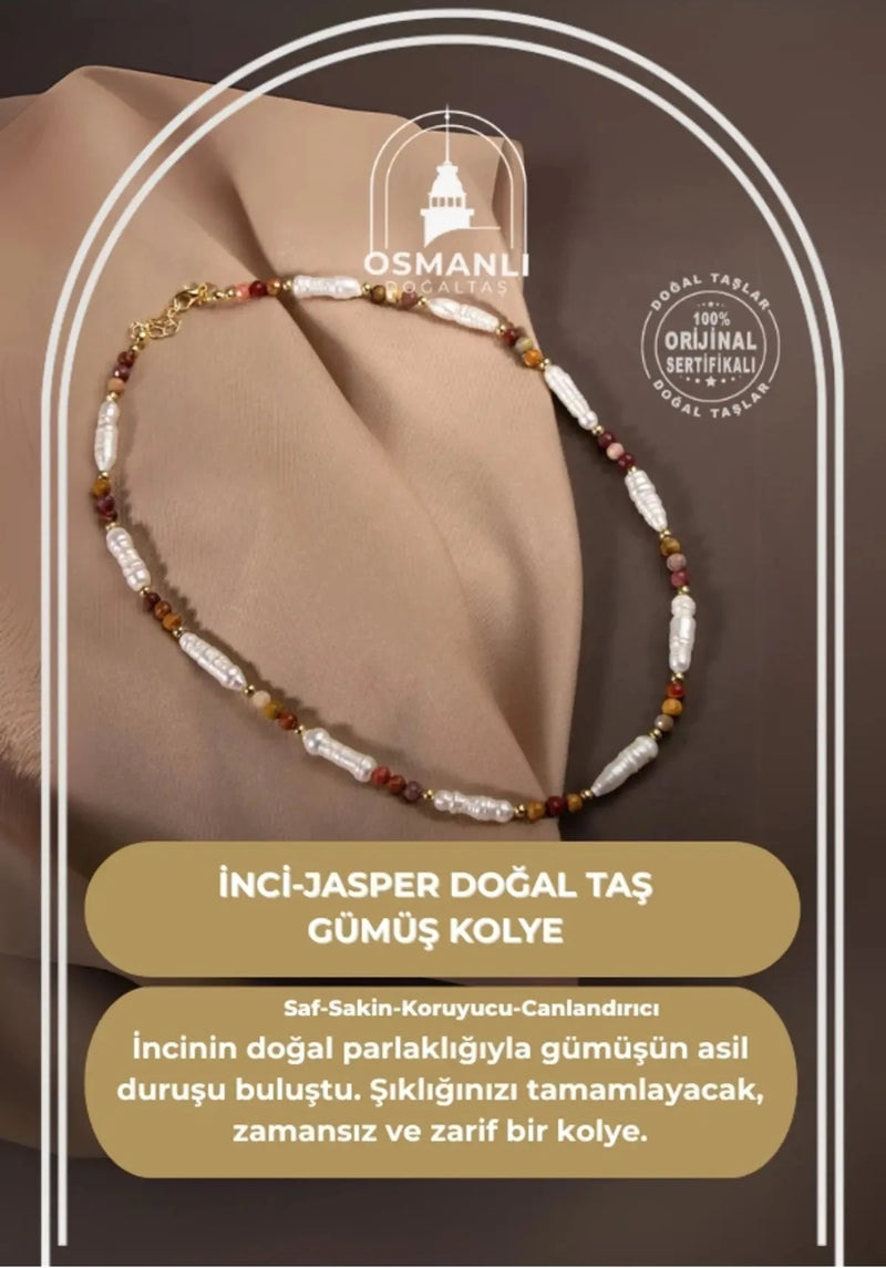 İnci-Jasper Doğal Taş Gümüş Kolye