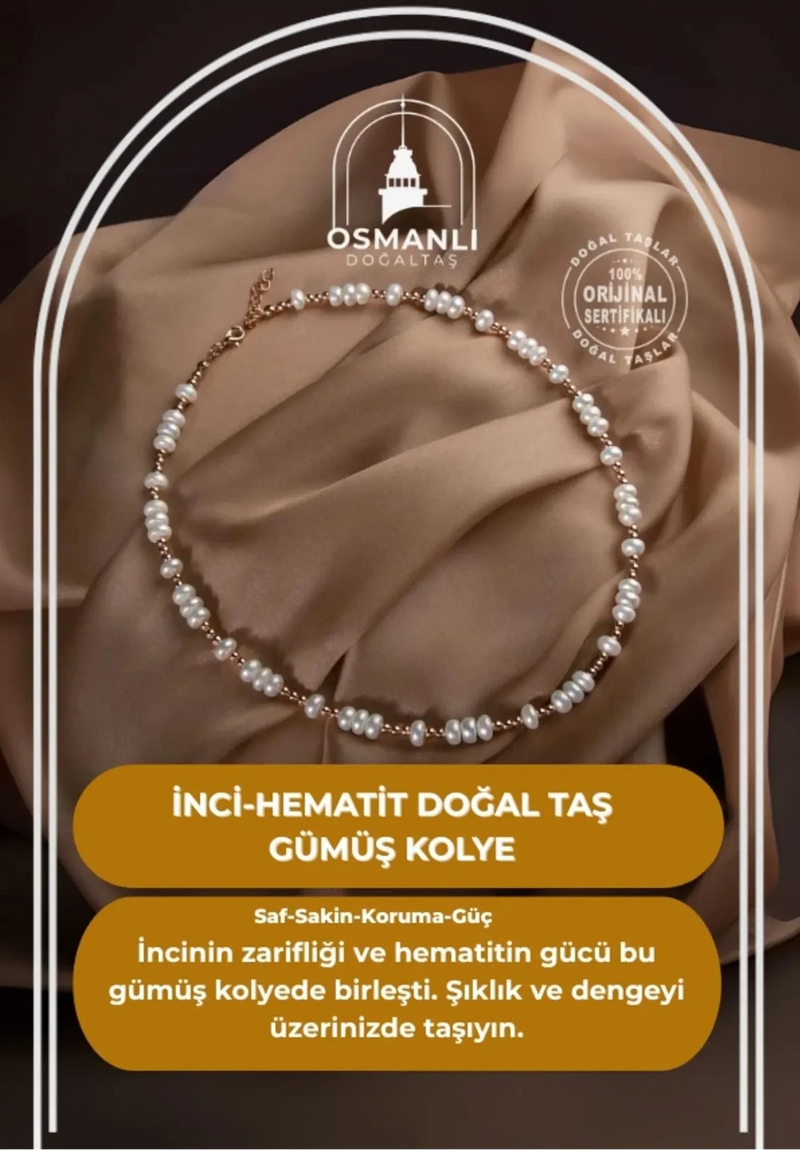 İnci-Hematit Doğal Taş Gümüş Kolye