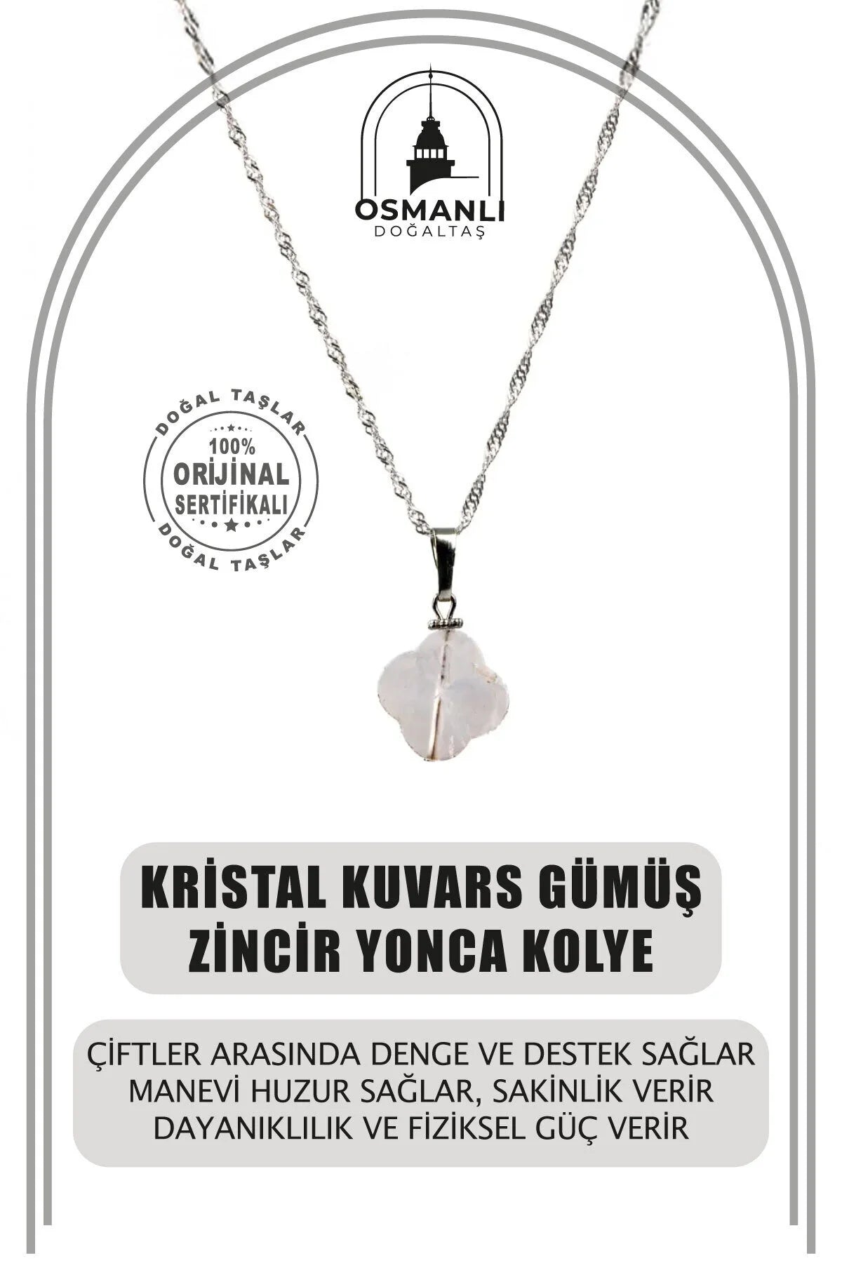Kristal Kuvars Doğal Taş Gümüş Zincir Yonca Kolye