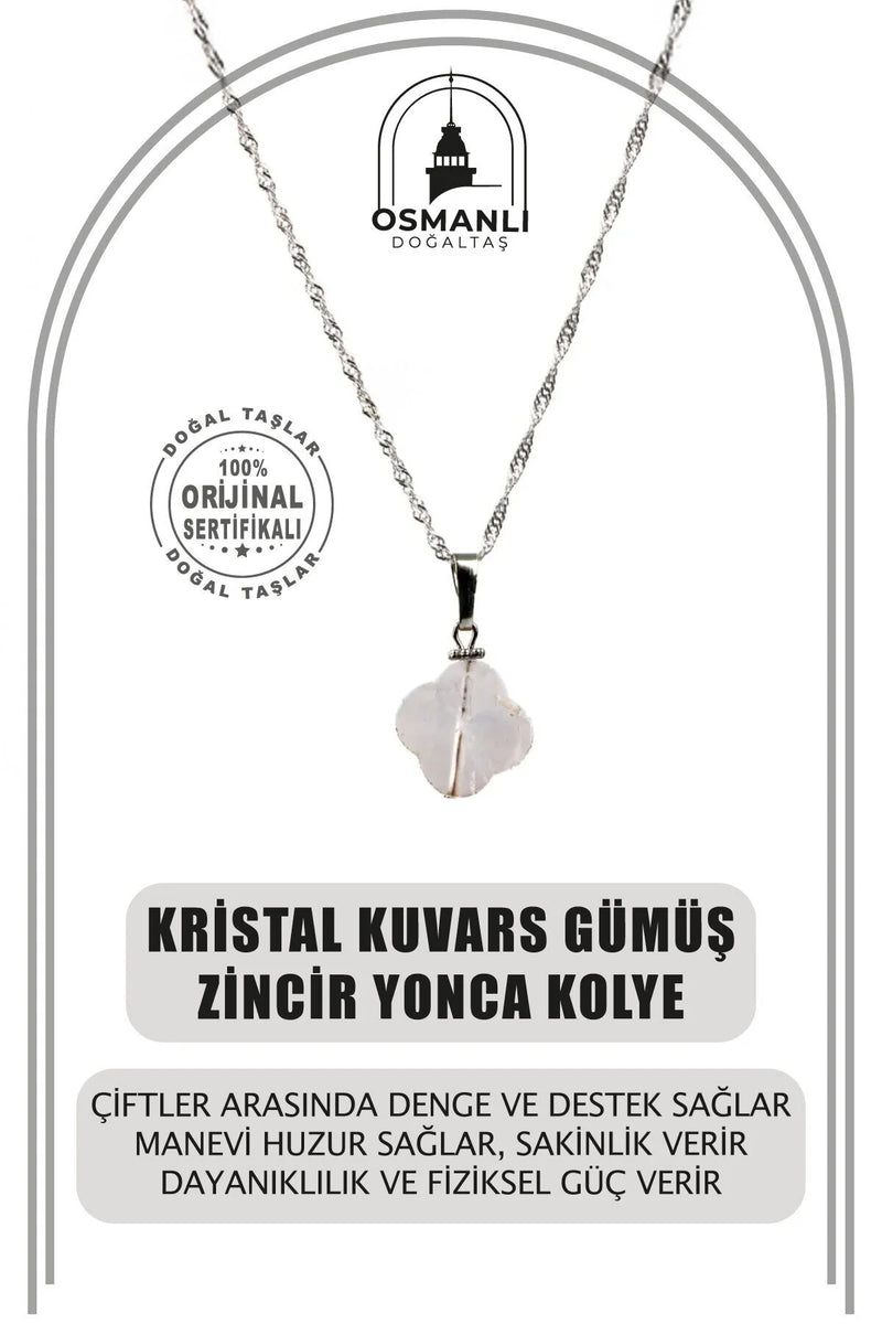 Kristal Kuvars Doğal Taş Gümüş Zincir Yonca Kolye