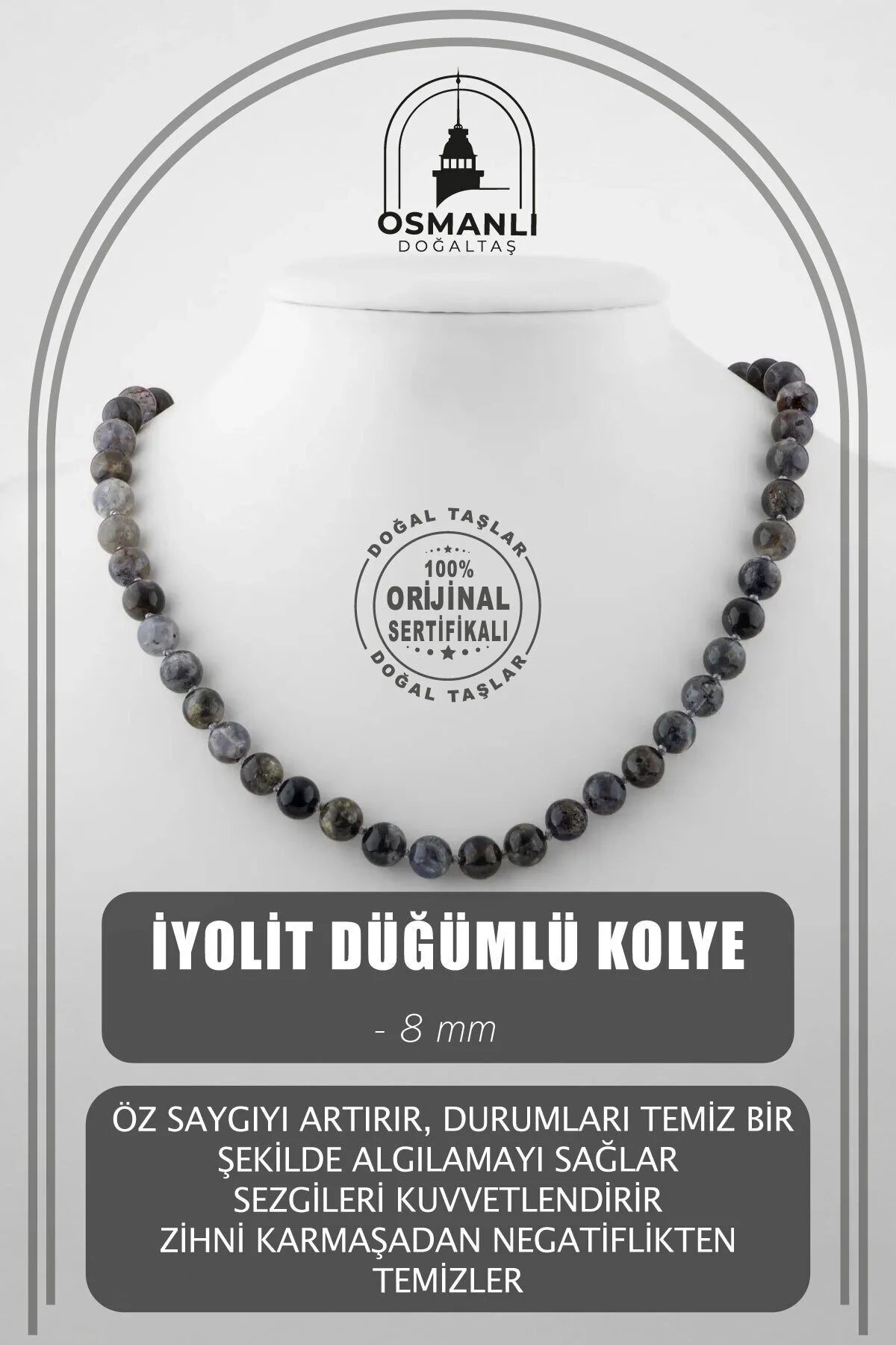 İyolit 8 mm Düğümlü Doğal Taş Kolye