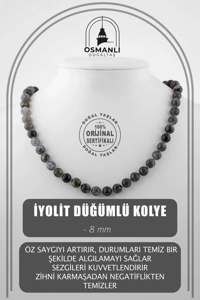İyolit 8 mm Düğümlü Doğal Taş Kolye