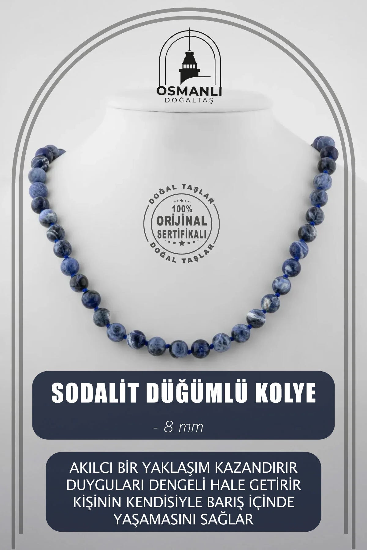 Sodalit 8 mm Düğümlü Doğal Taş Kolye