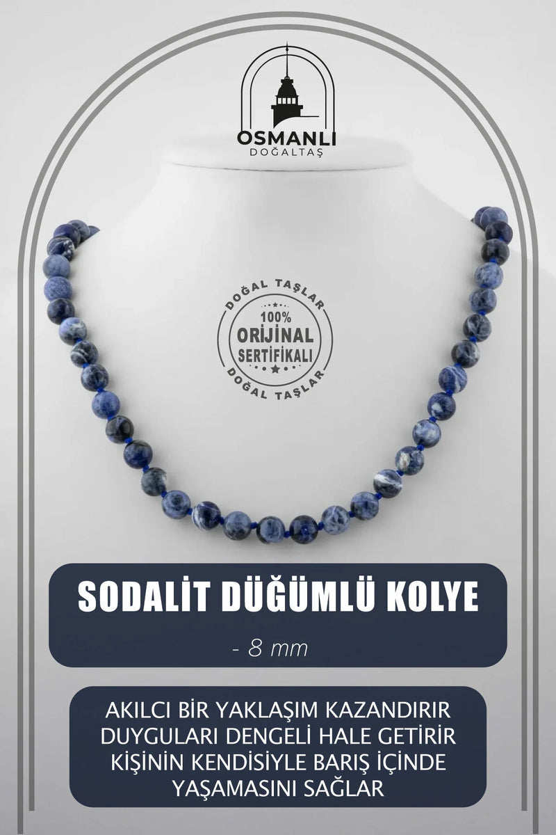 Sodalit 8 mm Düğümlü Doğal Taş Kolye