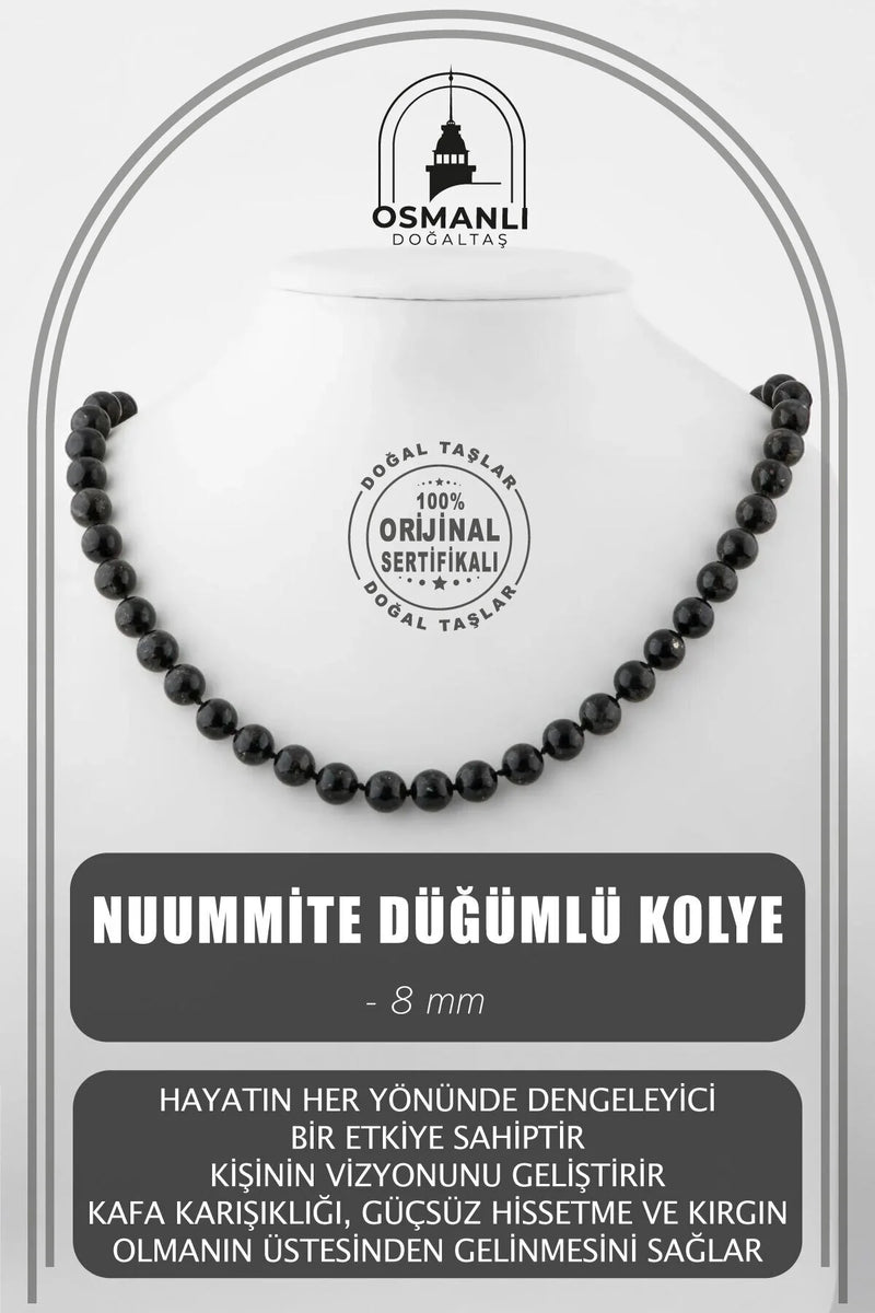 Nuummite 8 mm Düğümlü Doğal Taş Kolye