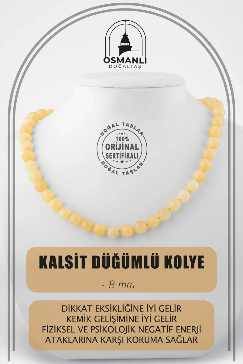 Kalsit 8 mm Düğümlü Doğal Taş Kolye