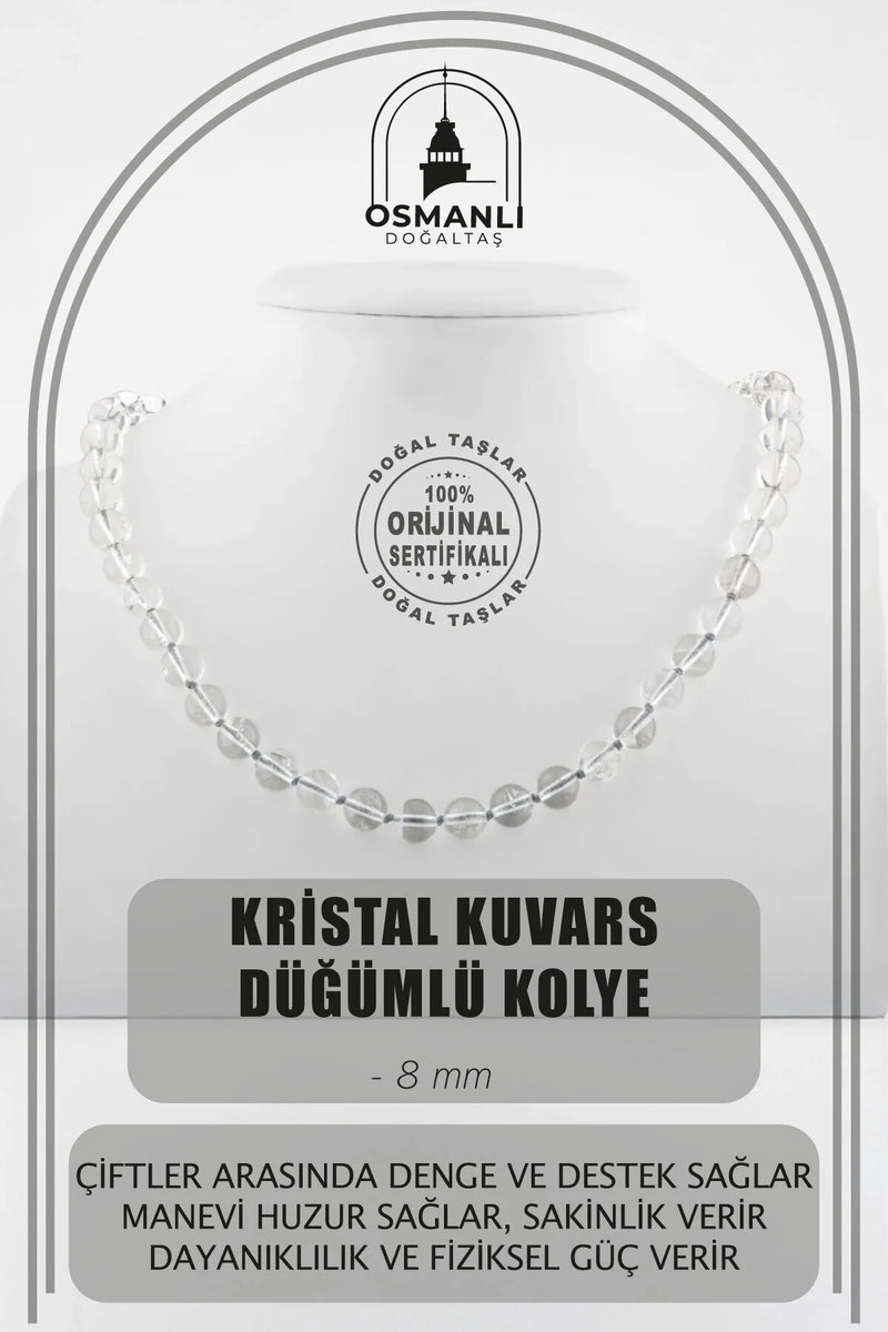 Kristal Kuvars 8 mm Düğümlü Doğal Taş Kolye