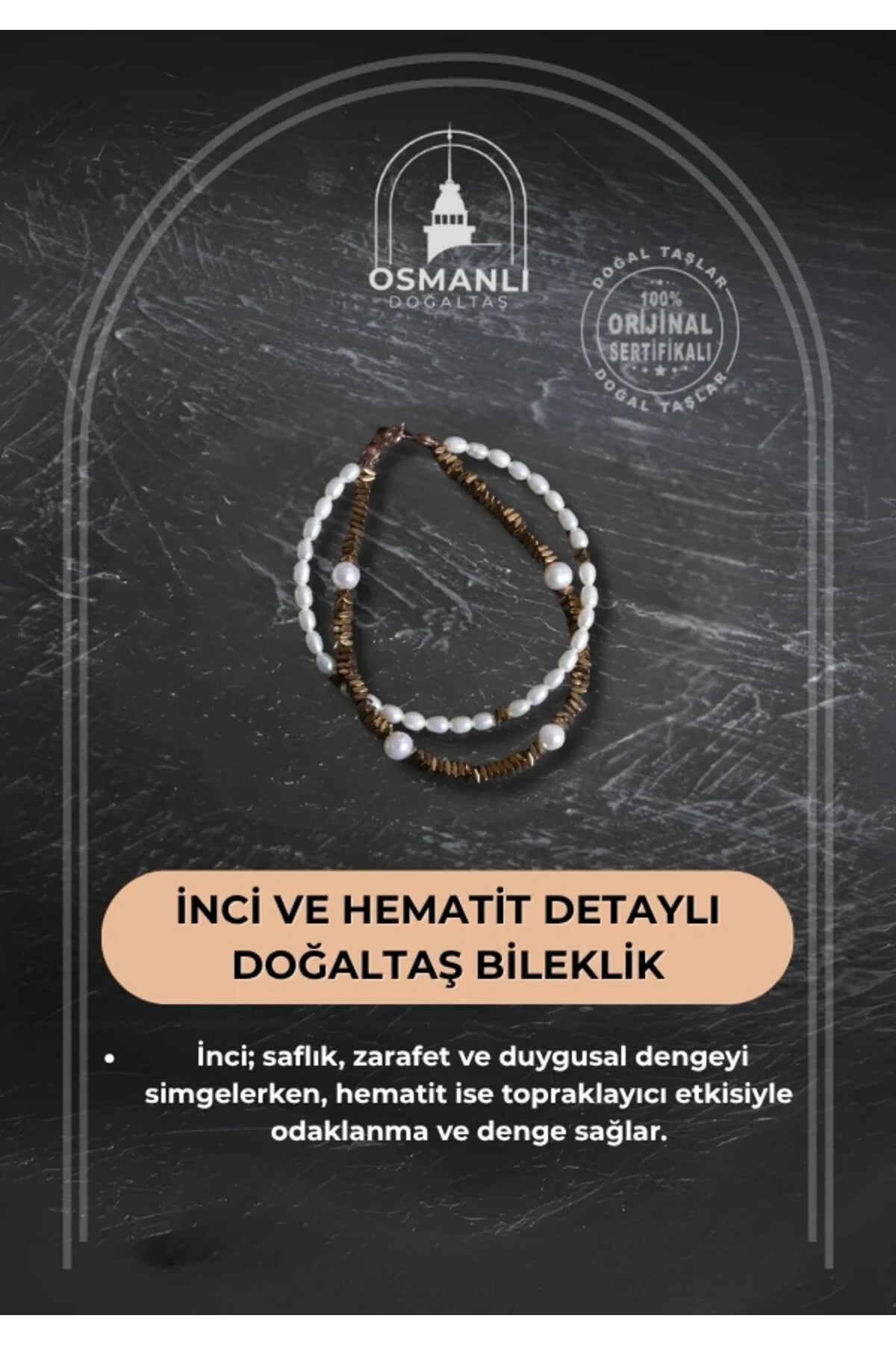 Sertifikalı İnci ve Hematit Detaylı Doğaltaş Bileklik