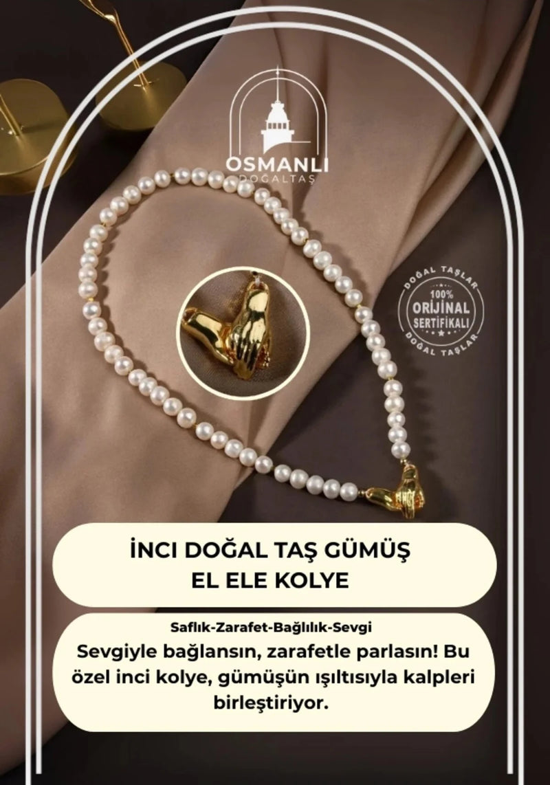 İnci Doğal Taş Gümüş El Ele Kolye