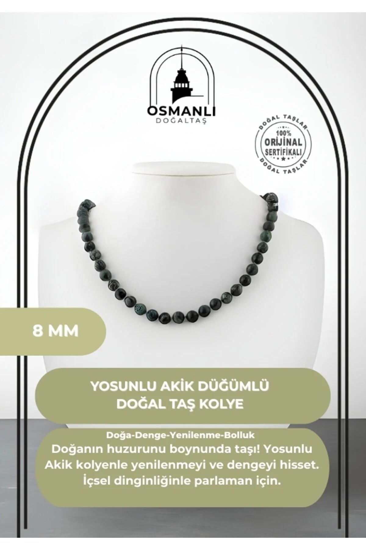 Yosunlu Akik 8 mm Düğümlü Doğal Taş Kolye