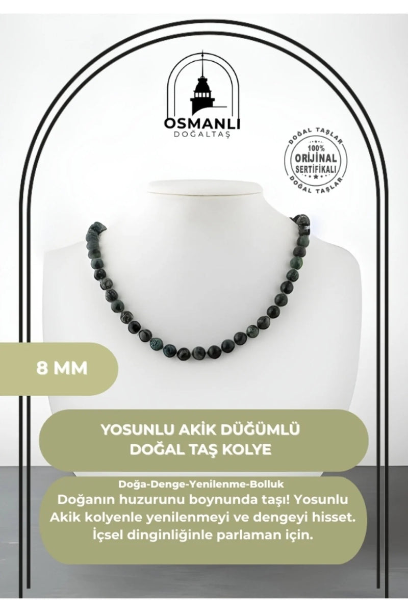Yosunlu Akik 8 mm Düğümlü Doğal Taş Kolye