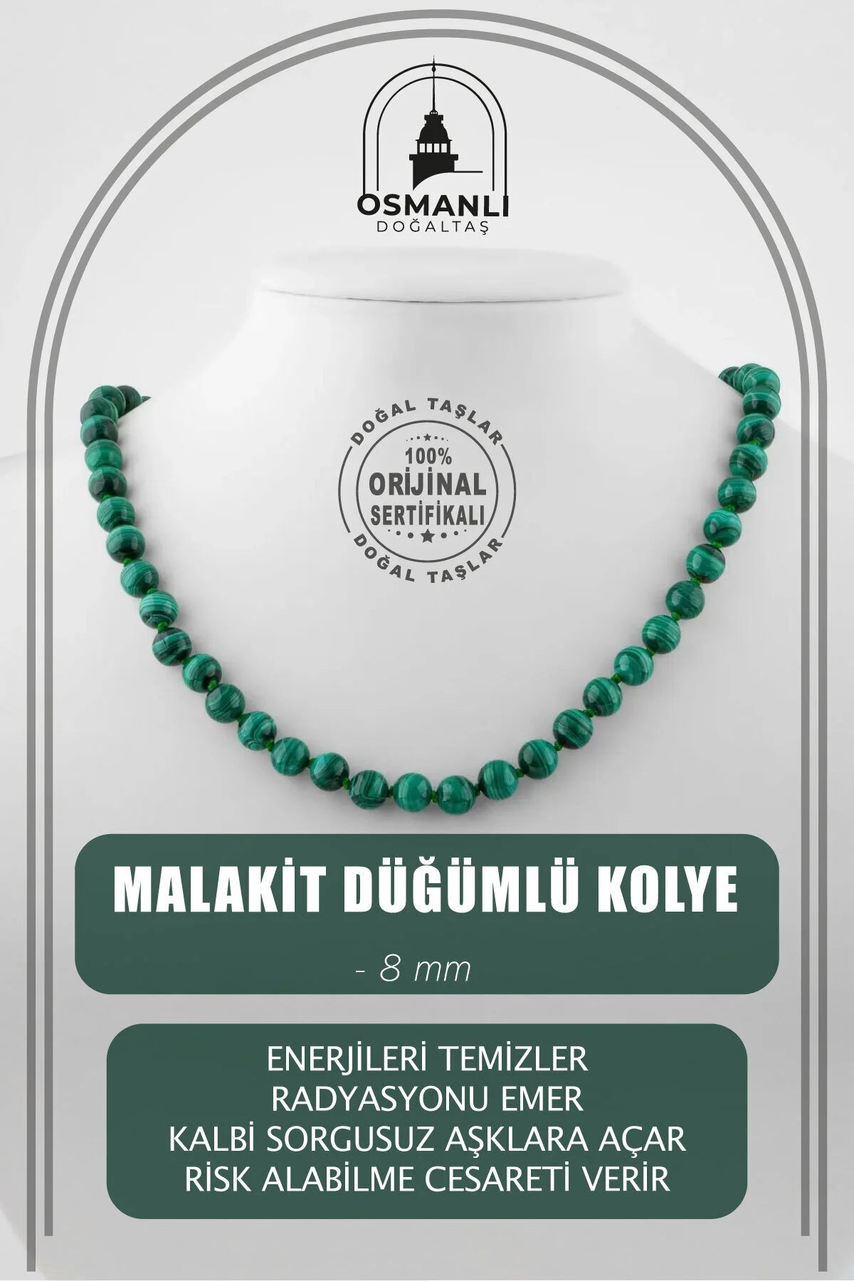 Malakit 8 mm Düğümlü Doğal Taş Kolye