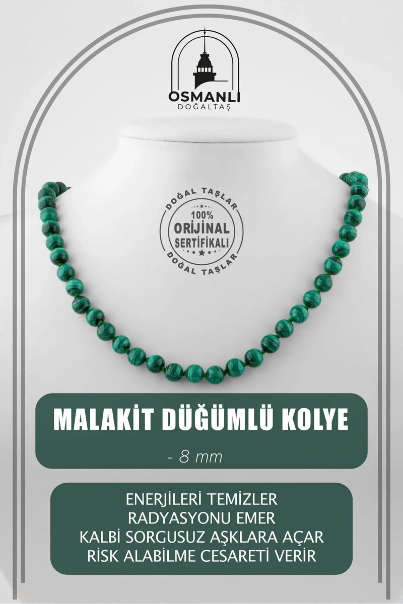Malakit 8 mm Düğümlü Doğal Taş Kolye