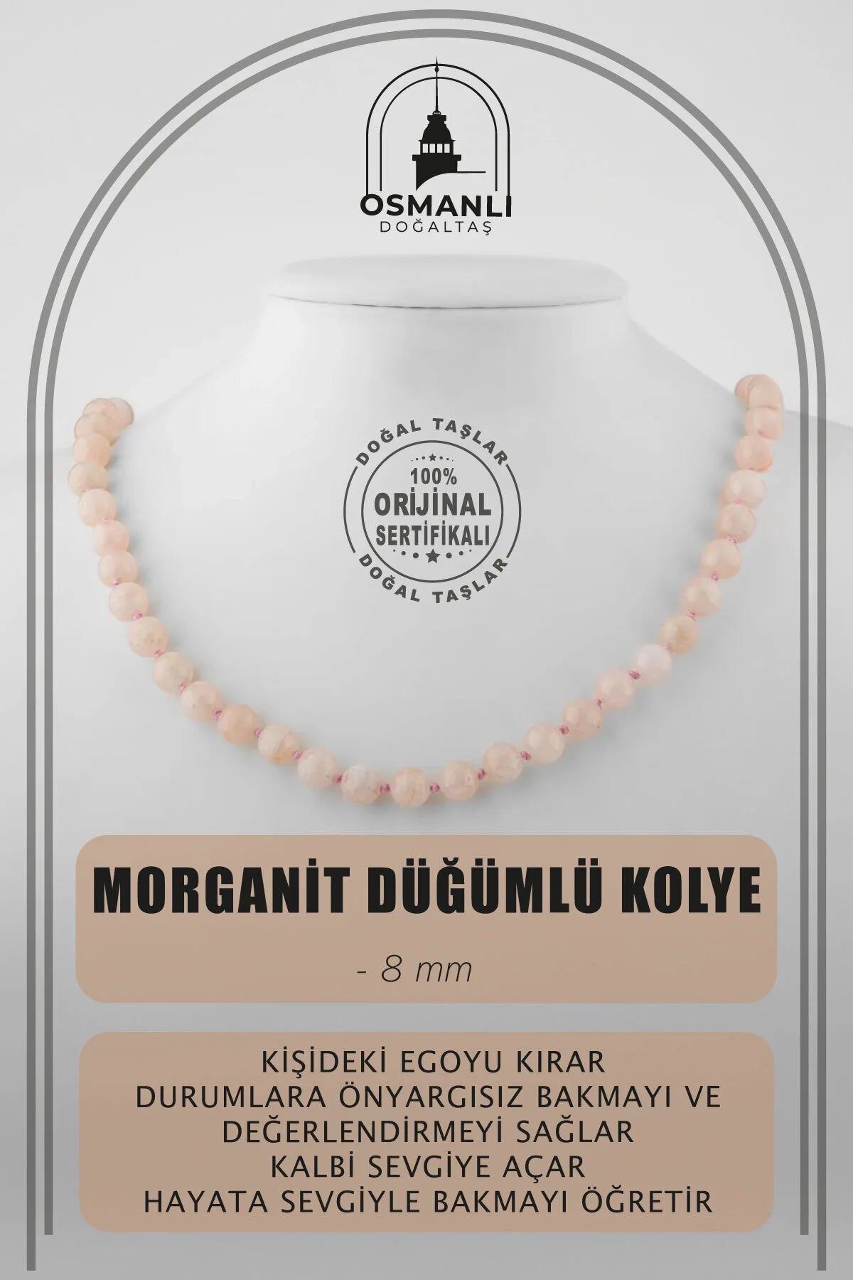 Morganit 8 mm Düğümlü Doğal Taş Kolye