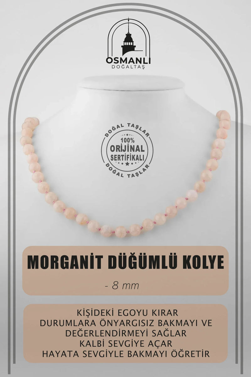 Morganit 8 mm Düğümlü Doğal Taş Kolye