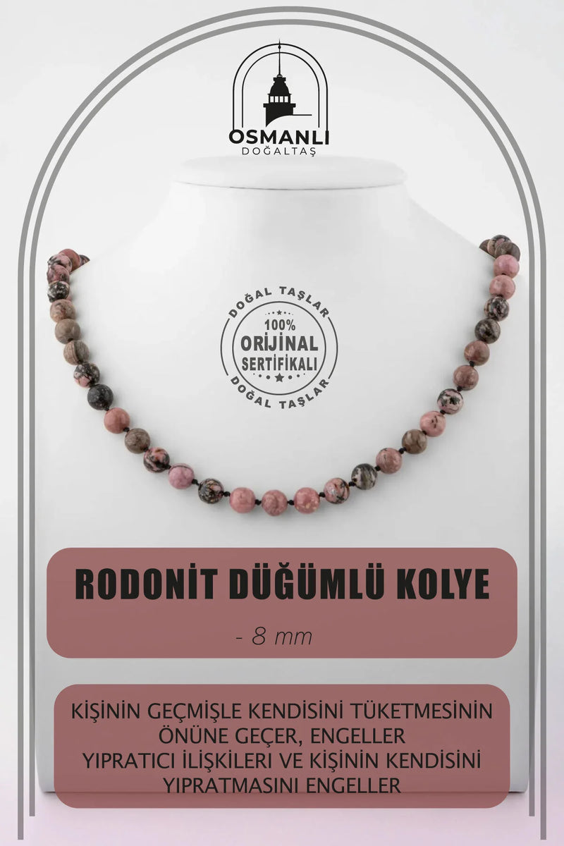 Rodonit 8 mm Düğümlü Doğal Taş Kolye