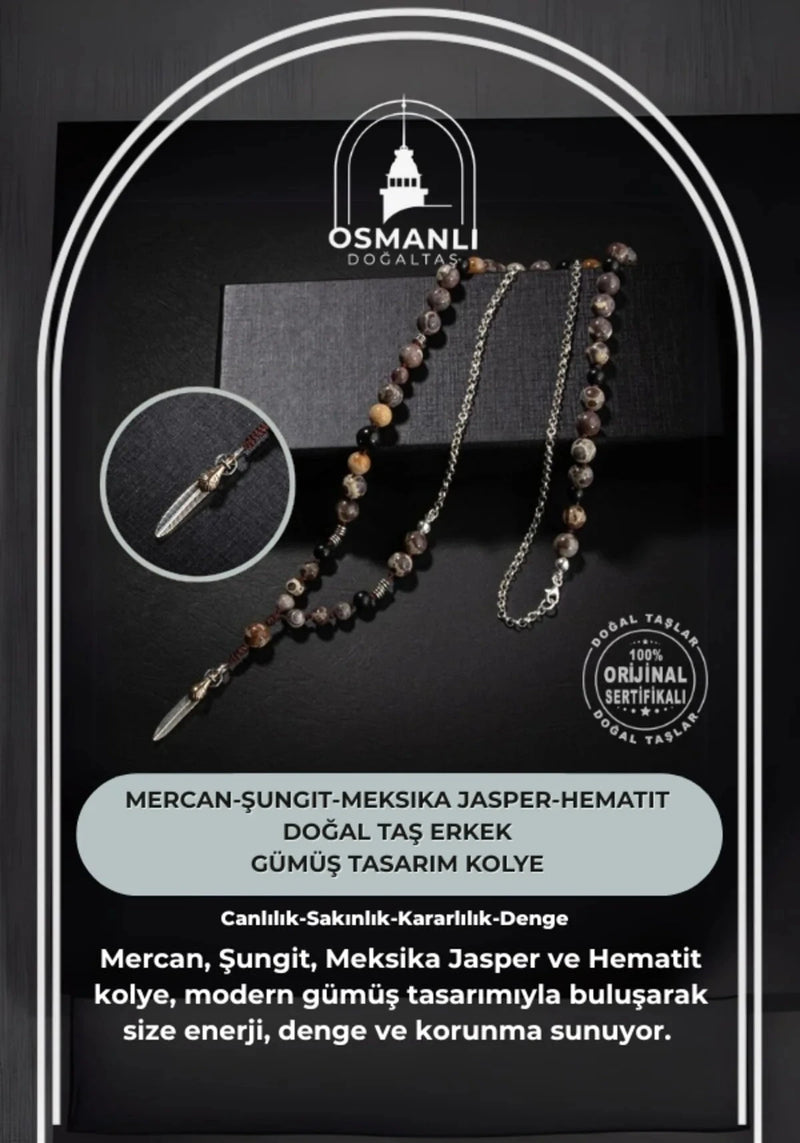 Erkek Kolyesi Fosil Mercan-Şungit-Meksika Jasper-Hematit Doğal Taş Gümüş Tasarım Kolye