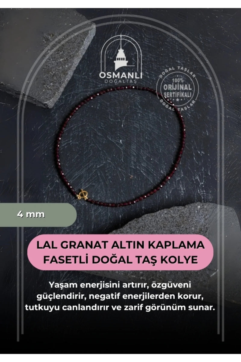 Sertifikalı Lal Granat Altın Kaplama Fasetli  Doğal Taş Kolye