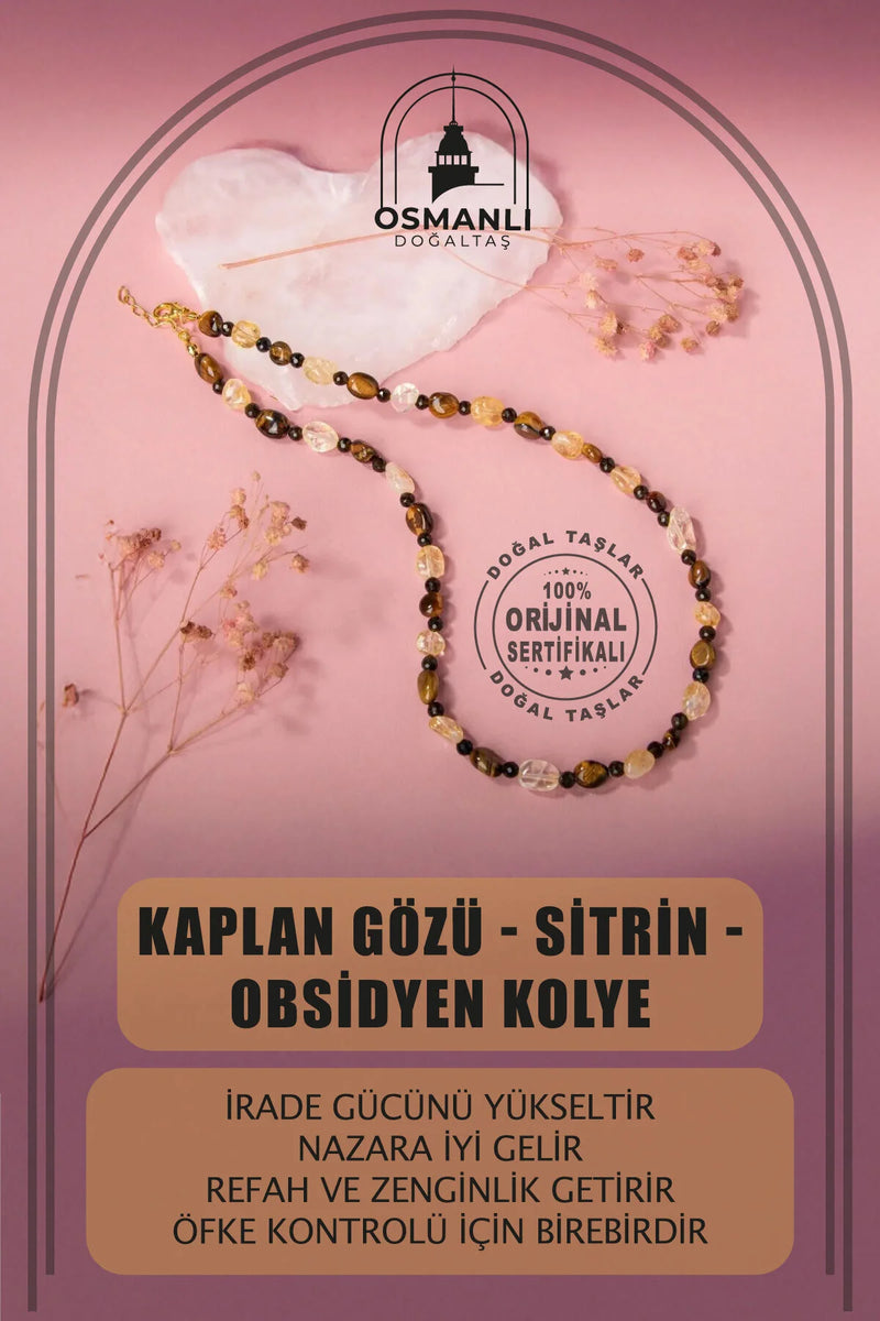 Kaplan Gözü-Sitrin-Obsidyen Doğal Taş Kolye